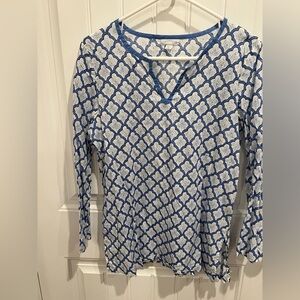J. Jill Women's Blue & White Printed V-Neck Long Sleeve Top